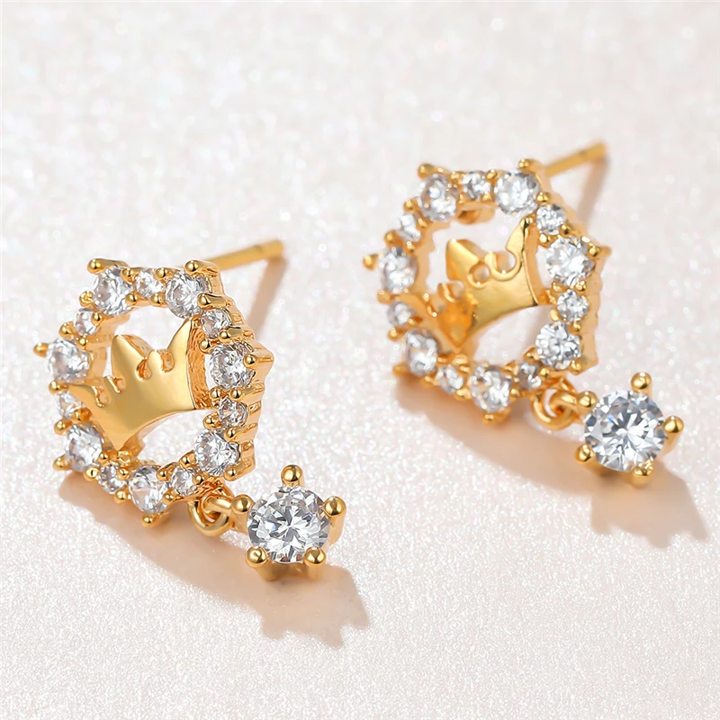

Dainty Female Crystal Crown Earrings Classic Gold Color Stud Earrings For Women Vintage White Round Crystal Wedding Earrings