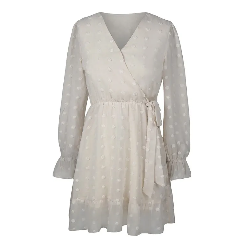 

Chiffon Mini Dress Women Clothes Fashion Ruffle V Neck Long Sleeve Elegant Ladies Dresses Plus Size Casual Boho Beach Dress