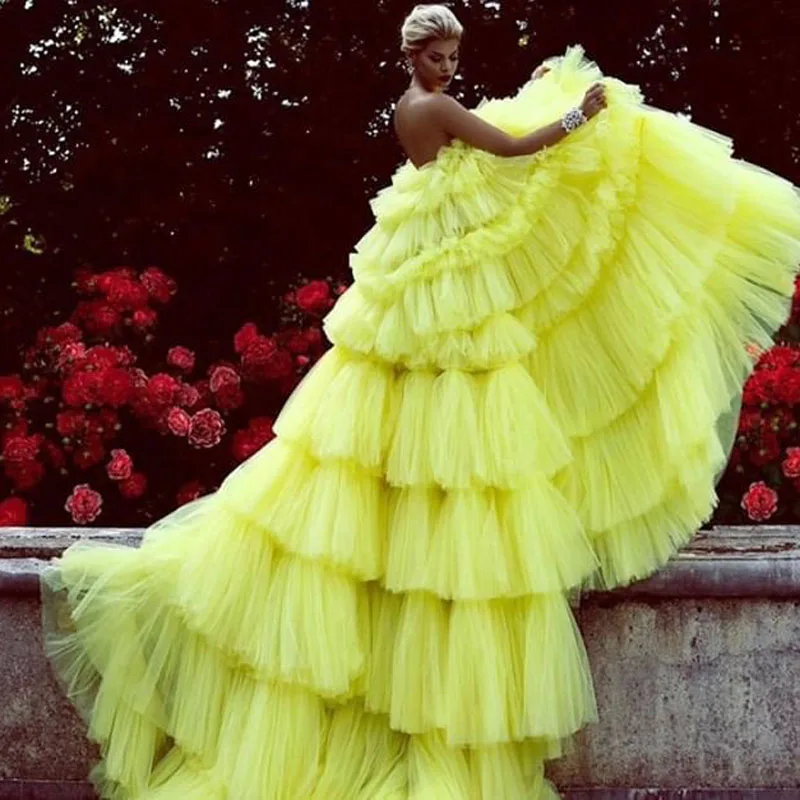 

abiye Yellow Formal Dresses Tulle abendkleider Puffy Evening Gown 2021 Backless Evening Dress gelinlik robe de soiree longue