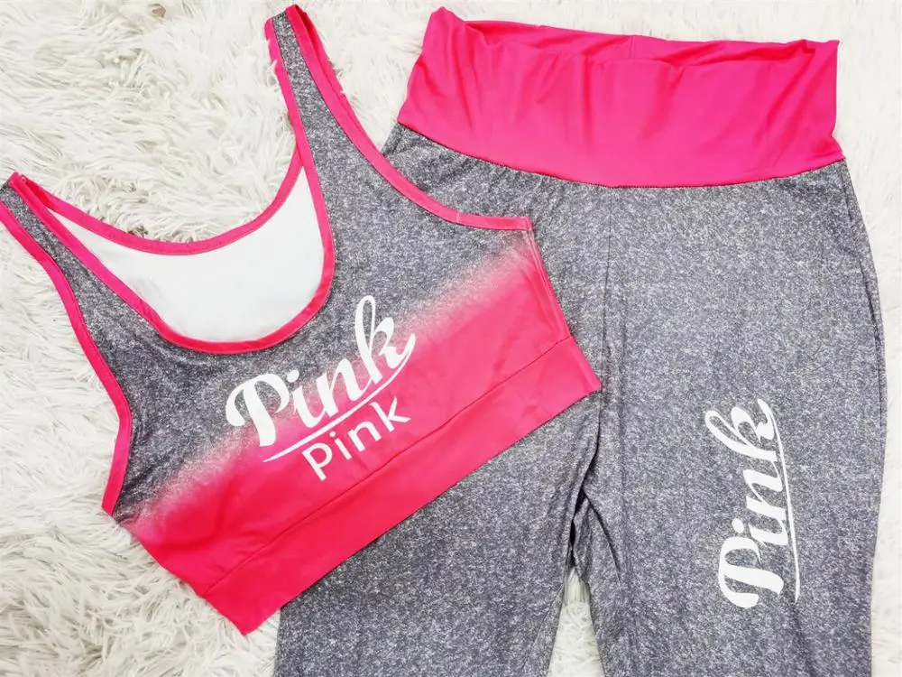 

Europe and the United States new sexy monogram printing sports suit progressive color crop vest + trousers two-piece suit