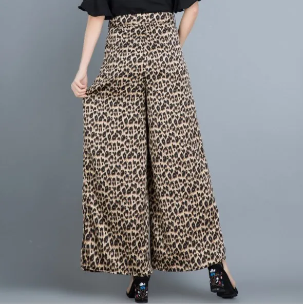 

2019 Summer Women's Leopard Print Chiffon Wide leg Pants Drawstring Loose Long Bell Bottom Trousers ladies Palazzo Skirts Pants