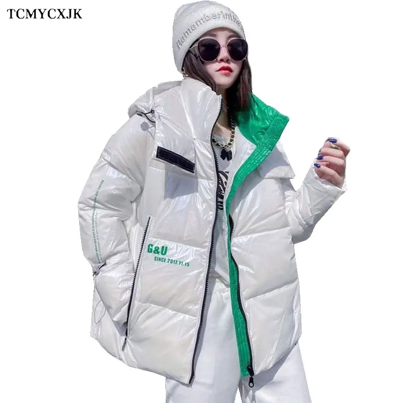Parkas Woman 2021 Winter Coat For Women New Harajuku Hooded Jacket Korean Style Long Sleeve Drawstring Short Bomber Jacket Women