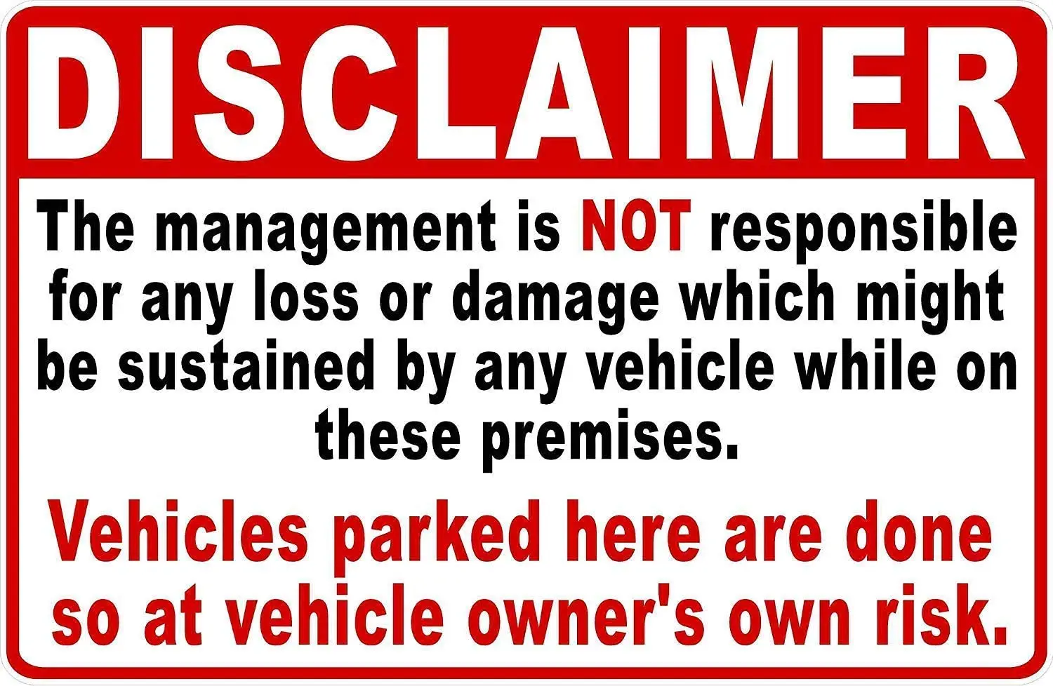 

Металлический знак об отказе от ответственности не несет ответственности за кражу или повреждение автомобиля, припаркованного на помещени...