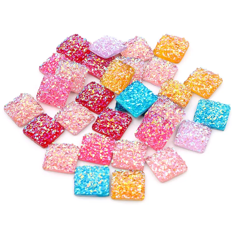 

New Style 40pcs 12mm Square Mix Colors Druzy Natural Stone Convex Flat back Resin Cabochons Jewelry Accessories Supplies