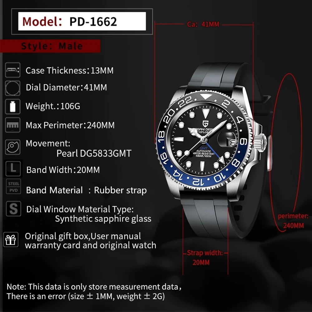 

PAGANI DESIGN GMT Business Waterproof Automatic Watch men Rubber Mechanical Luxury Men's watches Rotating bezel Watches relogio