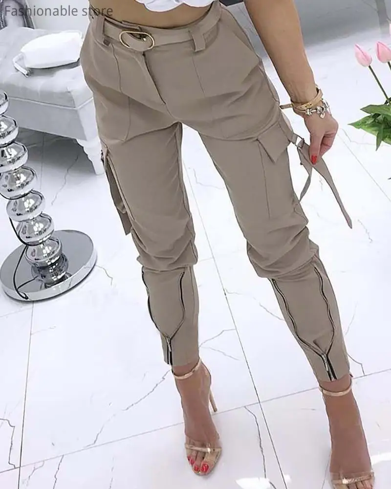 

Women Pocket Zipper Design Tied Cuff Cargo Pants Without Belt