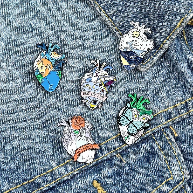 

Human Heart Punk Enamel Pins Creative Design Van Gogh Space Ocean Whale Brooches Badges Backpack Jewelry Gifts Friends wholesale