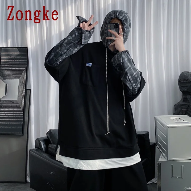 

Zongke Plaid Patchwork Black Hoodie Men Clothing Harajuku Streetwear Sweatshirt Men Pullover Tops 2XL 2021 New Arrivals