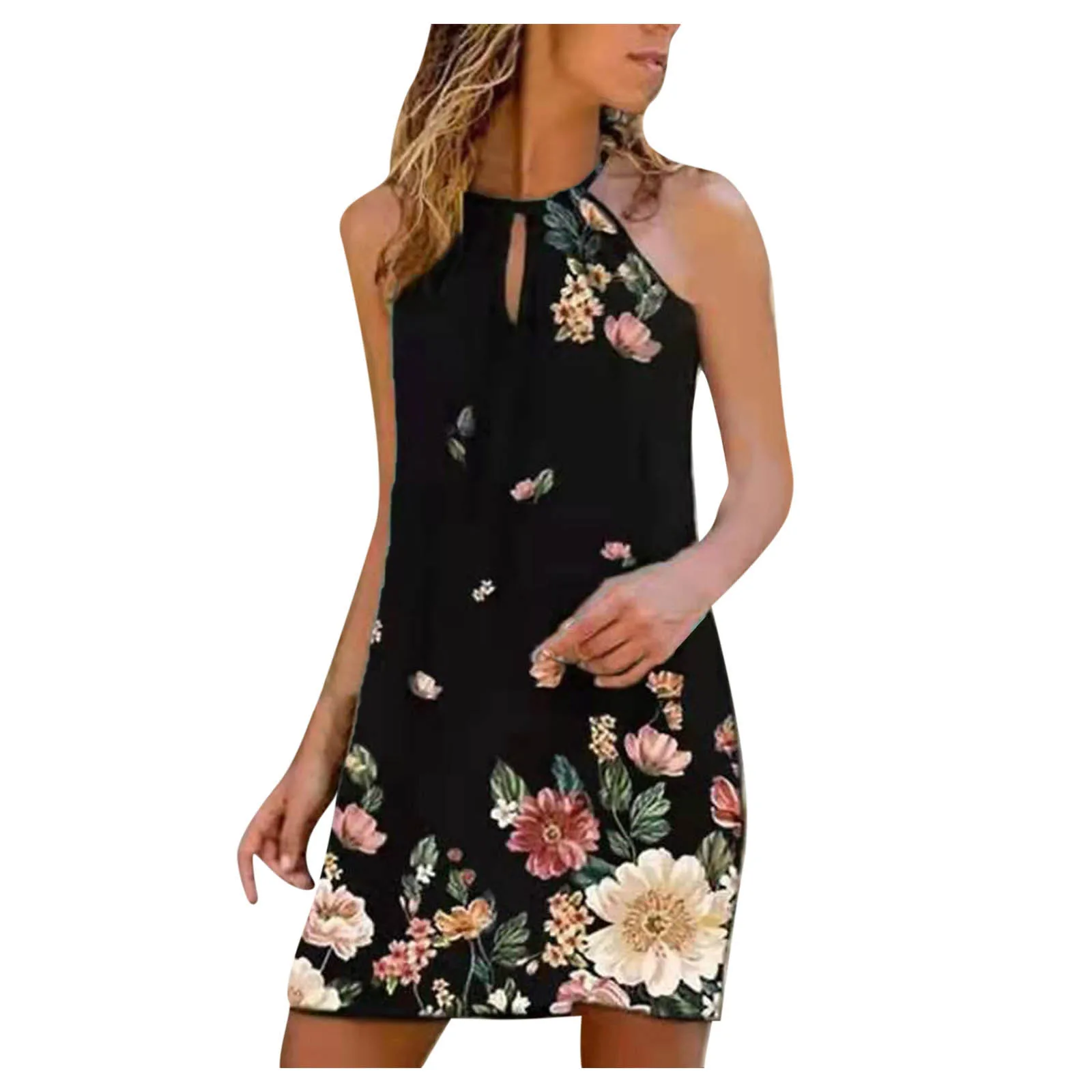 

40# Bohemian Halter Dress For Woman Loose Sexy Hollow Out Metal Casual Summer Dress Vintage Sleeveless Mini Dress Vestidos