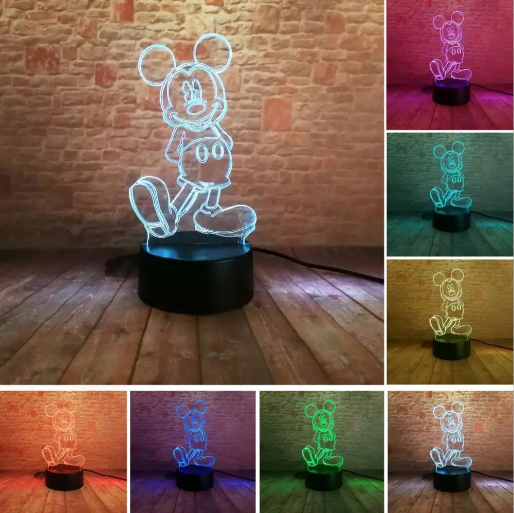 Disney микки игрушки 3D Иллюзия светодиодный ночной Светильник Красочный Световой
