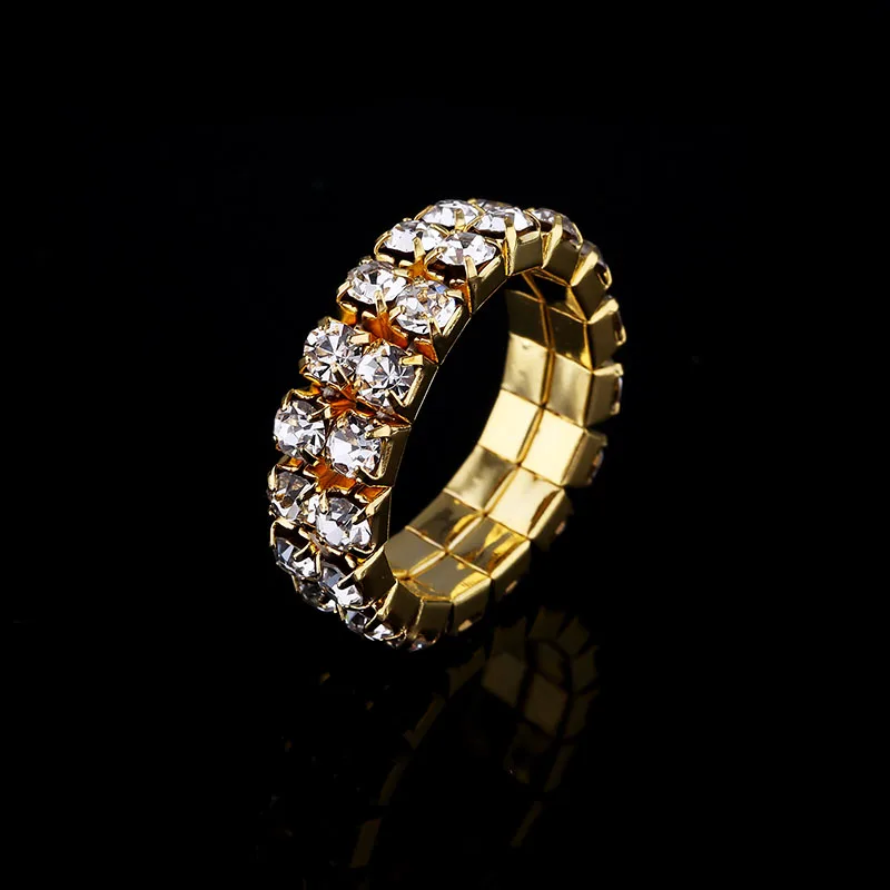 2 row gold ring 1-5 рядов золотого цвета кольца для невесты обручальные кольца Кристалл Стразы стрейч кольца для женщин - Цвет основного камня: 2 row gold ring