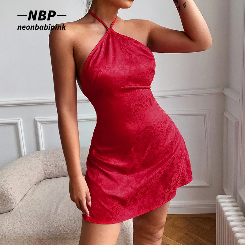 

NEONBABIPINK Jacquard Satin Sexy Dresses for Women Clothing Night Club Outfits Summer Backless Halter Mini Dress N76-BI11