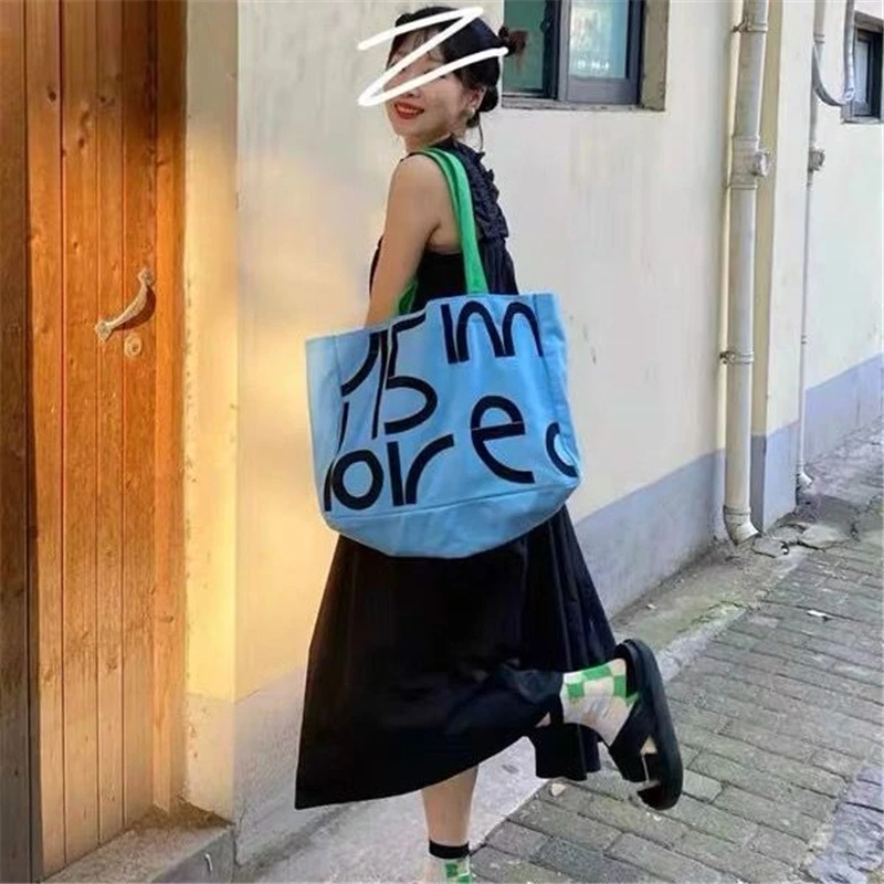Women High-capacity Tote Bag Canvas Shoulder Shopping Traveling Students Books Letters Pattern Fashion Ins Multifunction Casual