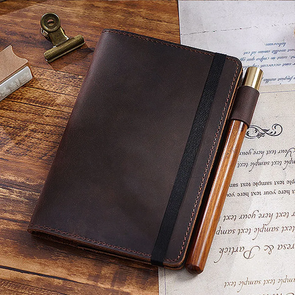 Genuine Leather Cover Notebook Pocket Journal Travel Field Book With Pen Folder Rope Design