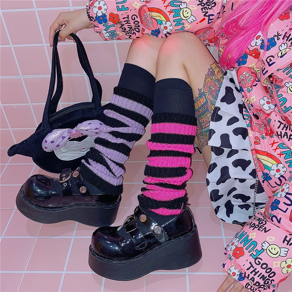 Y2K e-girl-Calentadores de piernas góticos a rayas para mujer, calcetines elásticos hasta la