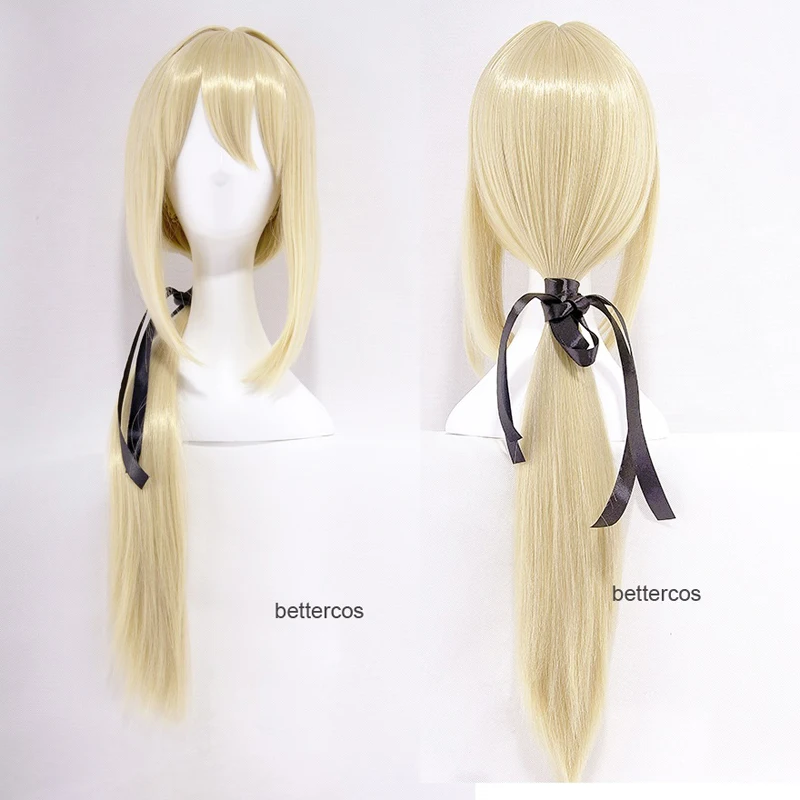 Violet Evergarden Cosplay Wigs Blonde Long Straight Heat Resistant Synthetic Hair Wig + Wig Cap + Black Ribbons