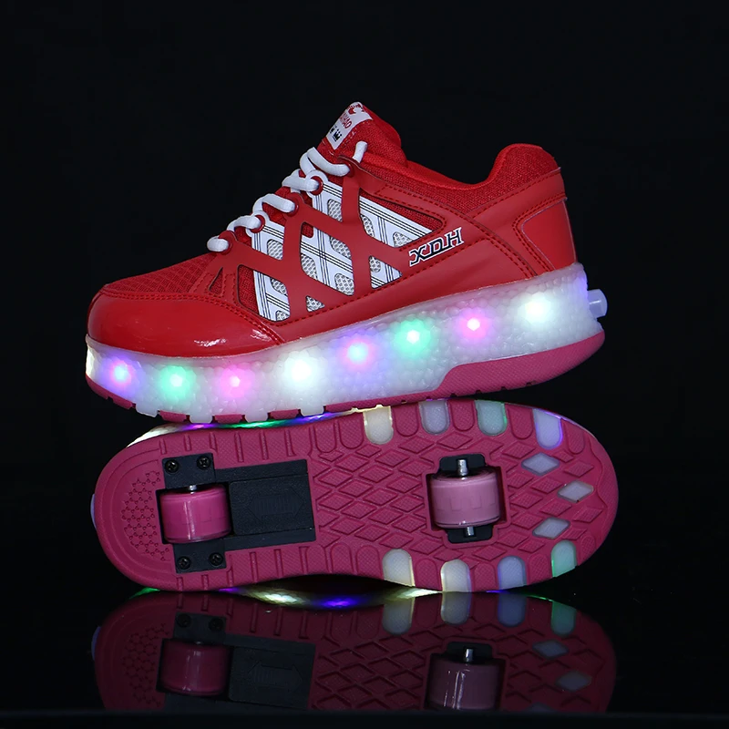 Детские светящиеся кроссовки с двумя колесиками, обувь для роликов, светодиодная подсветка, унисекс, красного и синего цвета от AliExpress WW