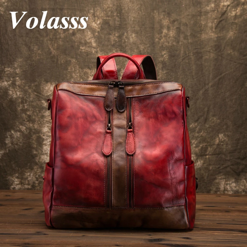 Женский рюкзак из натуральной воловьей кожи Volasss, красный Дорожный рюкзак из натуральной кожи в стиле ретро