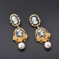 new geometric retro temperament baroque pearl beauty portrait pendant earrings exaggerated long earrings womens party jewelry
