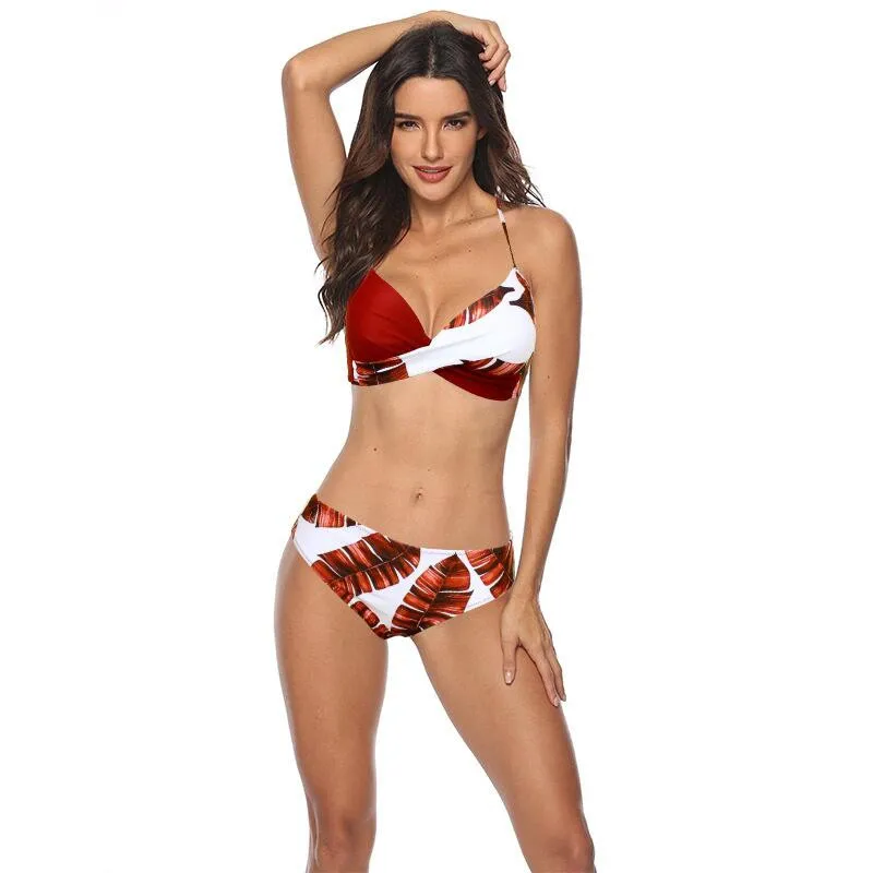 

Sexy Women Bikinis Set Push Up Bathing Suit Swimwear for Women Swimsuits Halter Patchwork Leaf Printing Beach Wear Bikini Suits