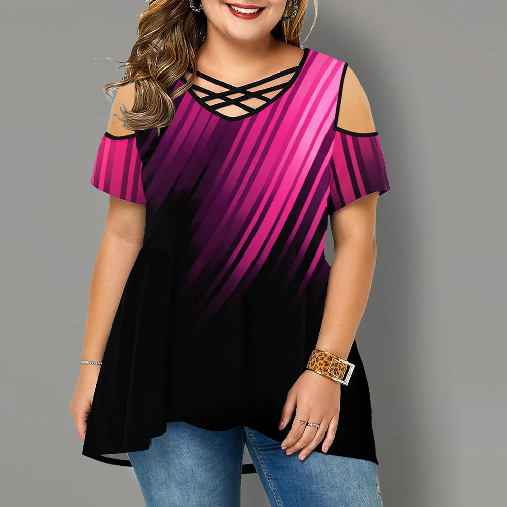 

5XL Plus Size T Shirt Womens Cross Strap O Neck Aurora Print Short Sleeve Tops T-shirt For Female Summer Camisetas De Mujer D30