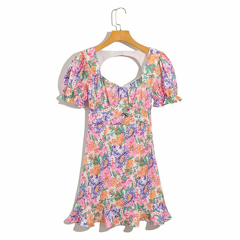 

Fashionable French Flounce Print Halter Bow Tie Sexy Waist Tight Skirt Spaghetti Strap Dress Casual Loose Wear