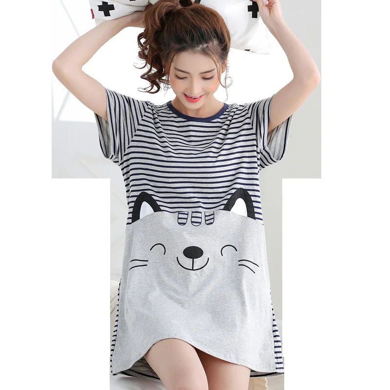 

Summer Knitted Cotton Women Nightgown Short Sleeve Cartoon Sweet Soft Female Nightdress Loose Plus Size M-5XL Girls Nightwear