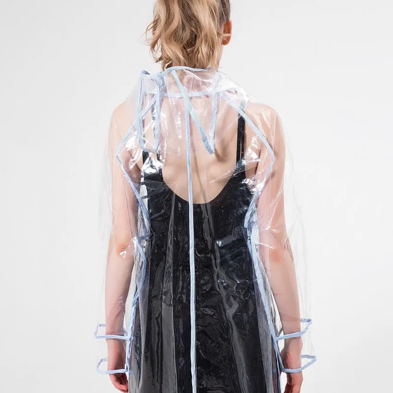 

Blue Edging Hooded See Through Stage Show Women PVC Outwear Coats Loose High Street Single Breasted Fashion Waterproof Raincoat
