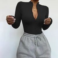 solid zipper bodycon bodysuits women sexy mock neck autumn long sleeve fashion slim basic body winter gray outfits lady