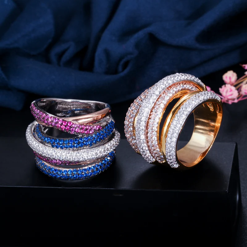 Designer de Luxo Moda Charme Zircons Tons Ouro Geometria Zirônio Cúbico Grande Casamento Noivado Nupcial Dedo Anel Jóias 3