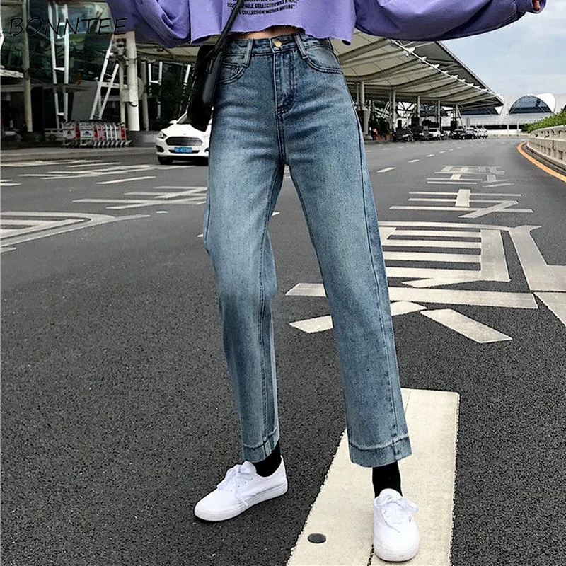 

Джинсы женские винтажные с карманами, универсальные классические прямые свободные до щиколотки из денима с высокой талией в Корейском стиле для студентов, весна