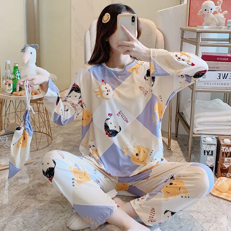 Pajamas for Women's Autumn and Winter New Long-sleeved Trousers Two-piece Korean Cartoon Cute Home Service Can Be Worn Outside