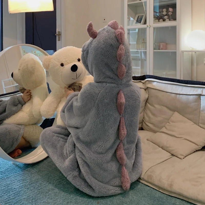 Thickened Cotton Pajamas Winter Women's 2021 New Cute One-piece Funny Dinosaur Winter Nightgown Loose Long Nightdress