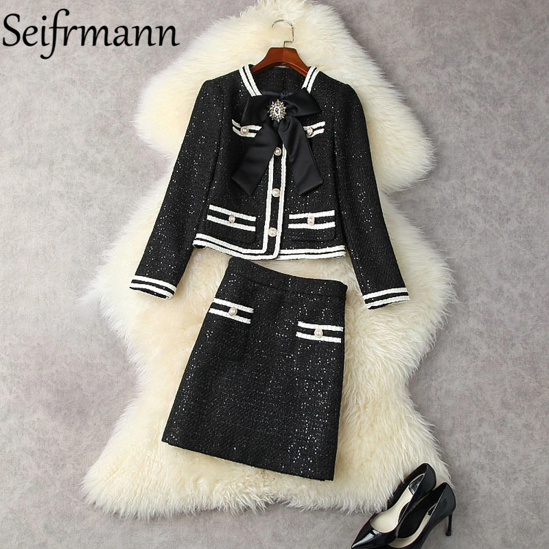 

Seifrmann New 2021 Autumn Women Fashion Runway Skirt Set Long Sleeve Straight Coats + High Waist Mini Skirts 2 Two Pieces Suits