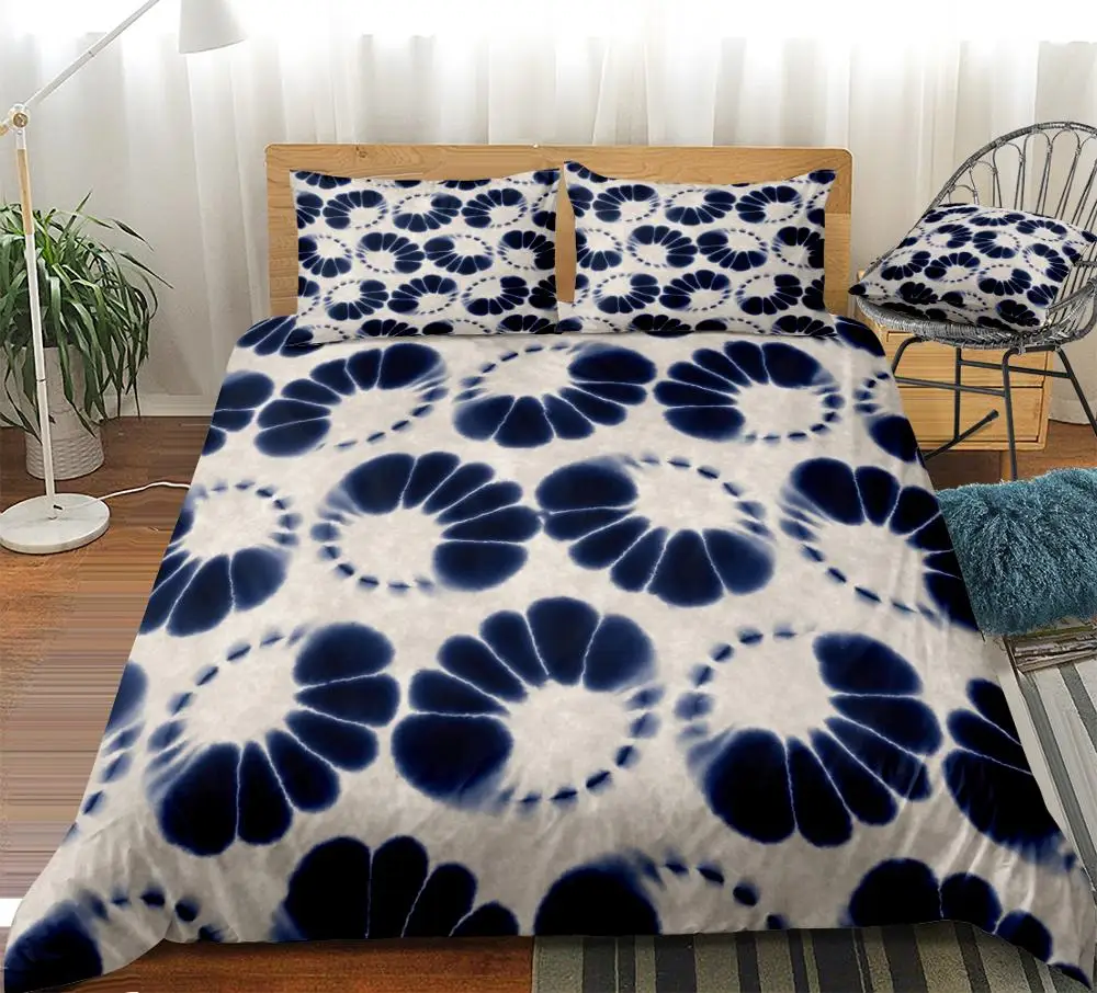 Синий комплект постельного белья из микрофибры с принтом