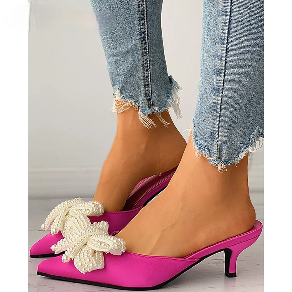 

2021 New Fashionable Hot Sale Shoes Woman Mules Pearl slip-on Low Heels Pointed Toe Ladies Pumps butterfly-knot Female