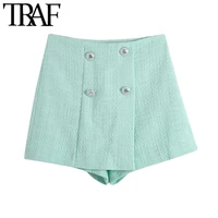 traf women chic fashion with buttons tweed shorts skirts vintage high waist side zipper female skorts mujer