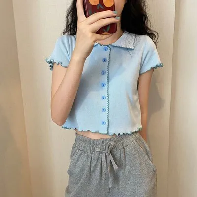 

han Women's summer fashion wood ears wild short T-shirt retro temperament POLO collar sweater top