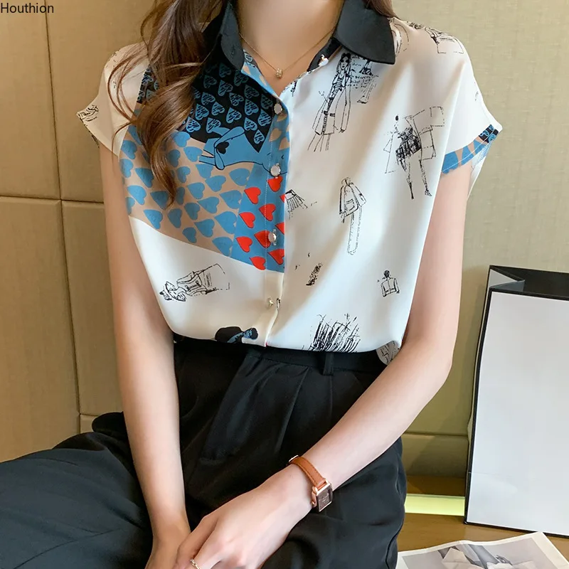 

Polo Shirt Chiffon Slim Women's Blouses New Casual Blouse Fashion Short Sleeve Top Cartoon Print Tops Summer 30028
