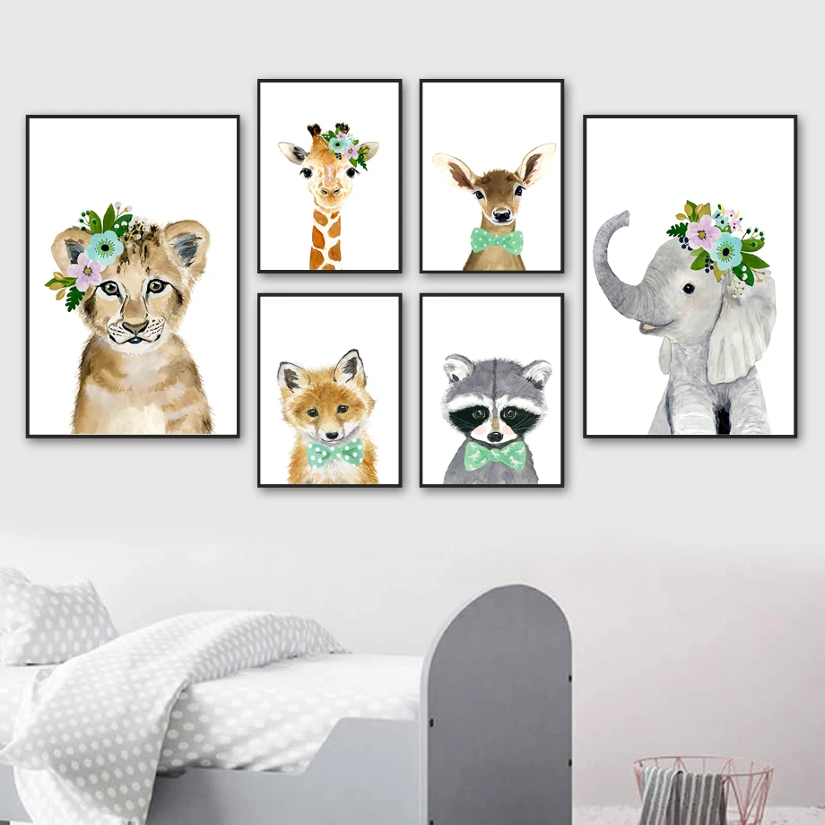 

Lion Elephant Giraffe Deer Raccoon Wild Animals Wall Art Canvas Painting Nordic Posters And Prints Wall Pictures Kids Room Decor