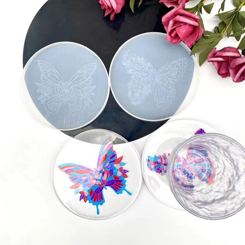 

X7YA Round Coaster Molds for Making Resin Coasters Cups Mat with Butterfly Pattern Tray Molds for Epoxy Resin Casting Decor
