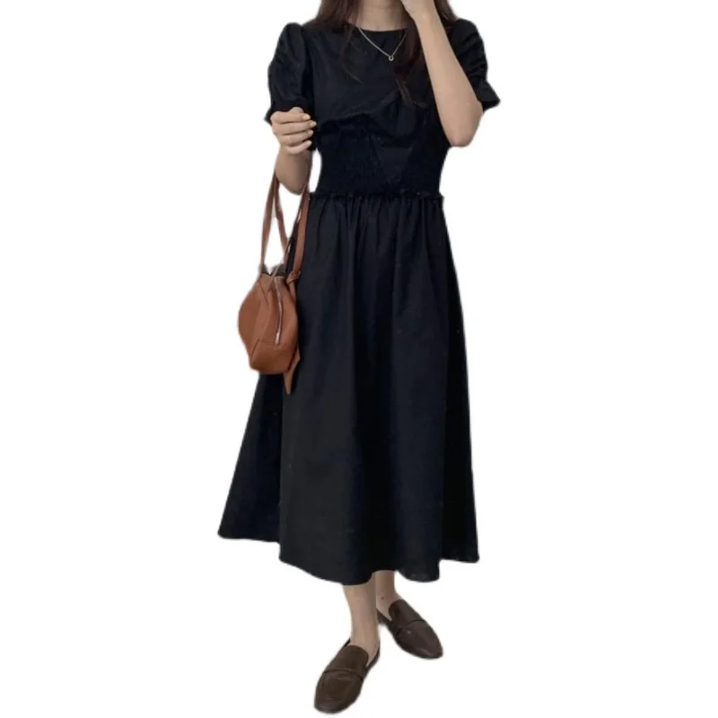 

COIGARSAM French Style Patchwork Women dress Summer Solid Short Sleeve O-Neck High Waist Dresses Yellow Black White 9641