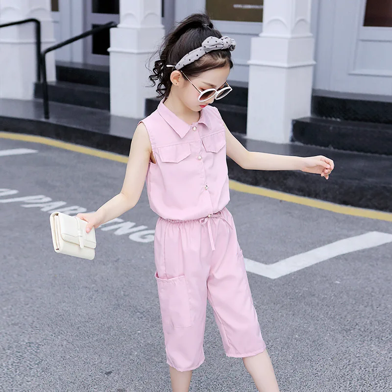 

2021 Summer Tops Girls Pants Sets Kids 2 pcs solid Loose Pants & Sleeveless T shirts Children Clothing Set girl Outfits 4-16 Y
