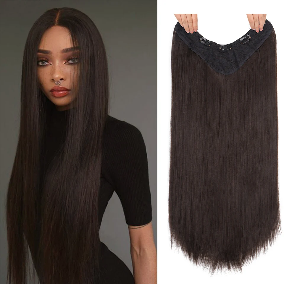 

HOUYAN Long curly hair synthetic V-shaped hair extensions, five high temperature fiber black and brown wigs