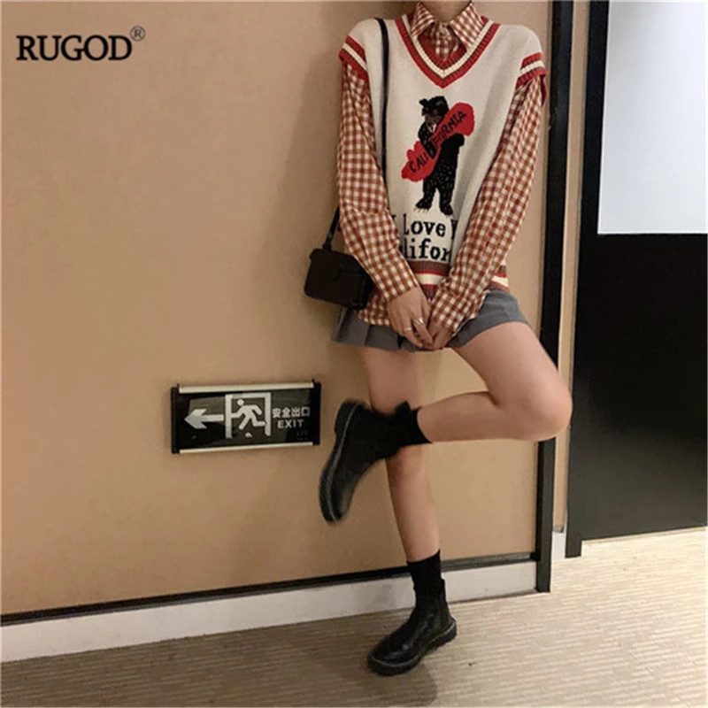 RUGOD 2019 Новый женский мультяшный вязаный свитер жилет или клетчатая рубашка Милая
