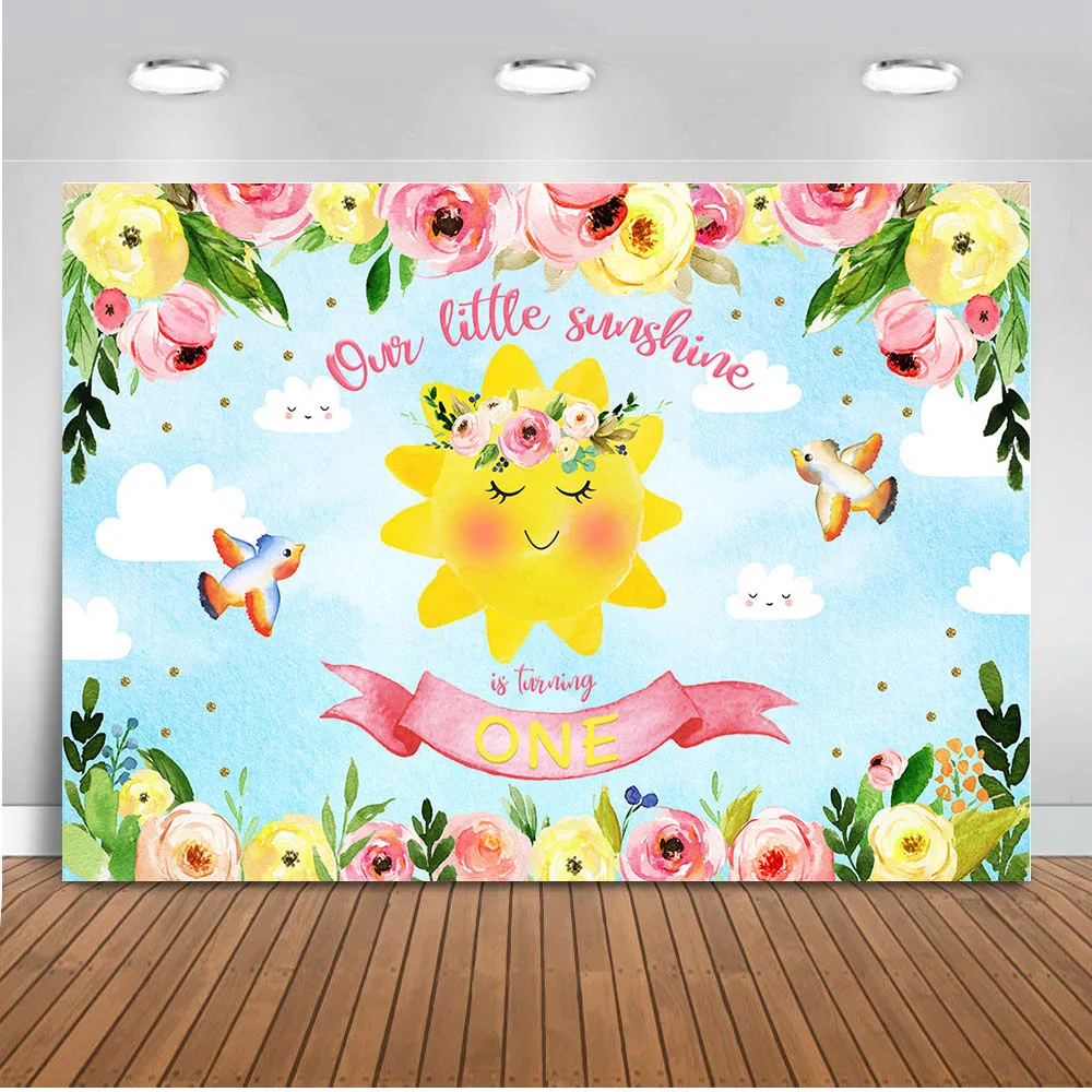 

Our Little Sunshine is Turning One Photography Backdrop Flower Bule Sky Bird Backdops Newborn Baby Shower photo shoot background