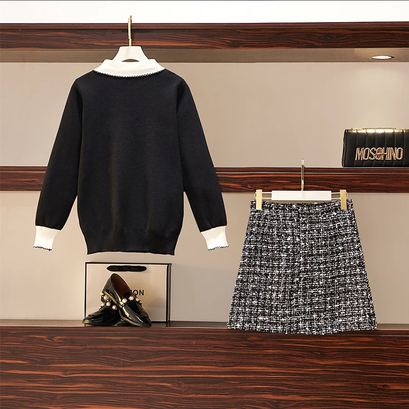 

Autumn Winter Women Outfit Two Pcs Clothing Set Pullover Black Sweater A Line Skirt New Suit Western Style Big Yards