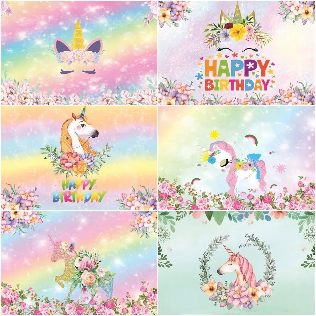 

Unicorn Background For Photography Birthday Party Rainbow Flower Balloon Baby Poster Photography Backdrop Cake Table Wall Decor