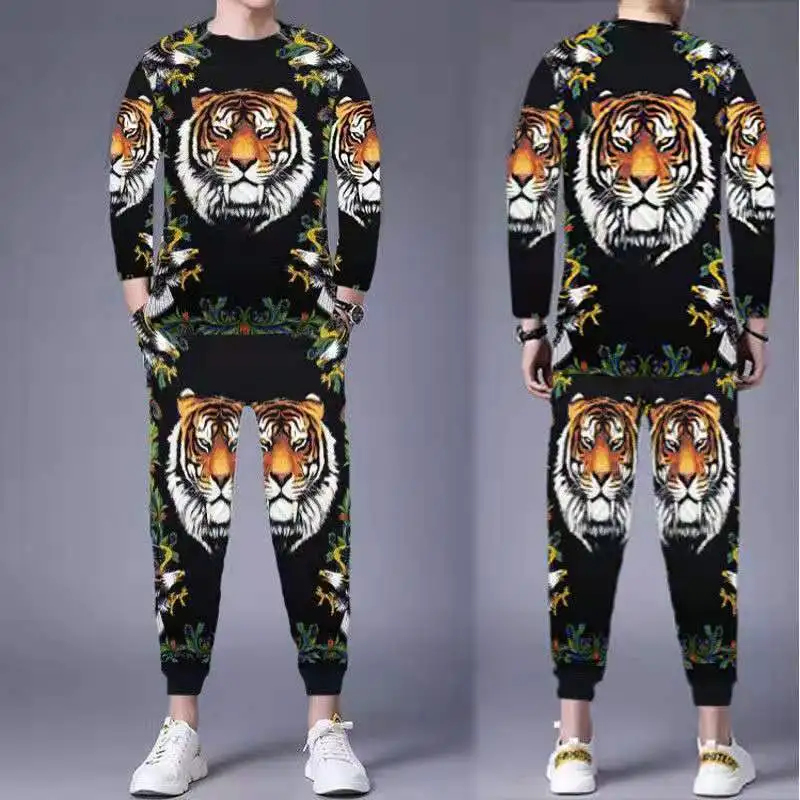 

New Men's Spring And Autumn Two-piece Fashion Long-sleeved Round Neck Printed T-shirt Elastic Waist Sports Trousers Casual M-4XL