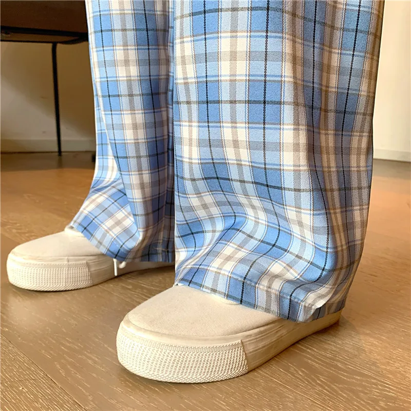 

Simple Vintage Pants Plaid Causal Long Trousers Women's Pants 2020 New Street Fashion Straight Wide Leg Pant Female